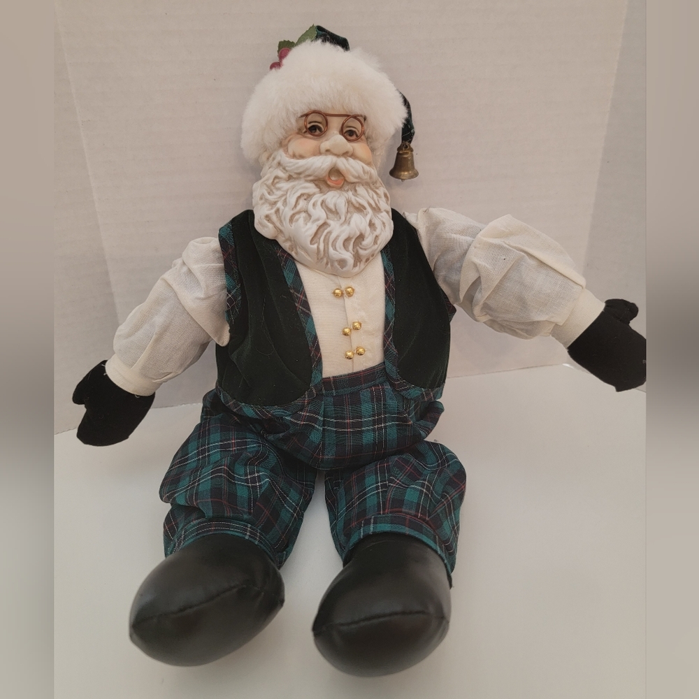 1994 Plaid Clad Jolly Santa Claus - with a Ceramic face & cloth body 14" EUC